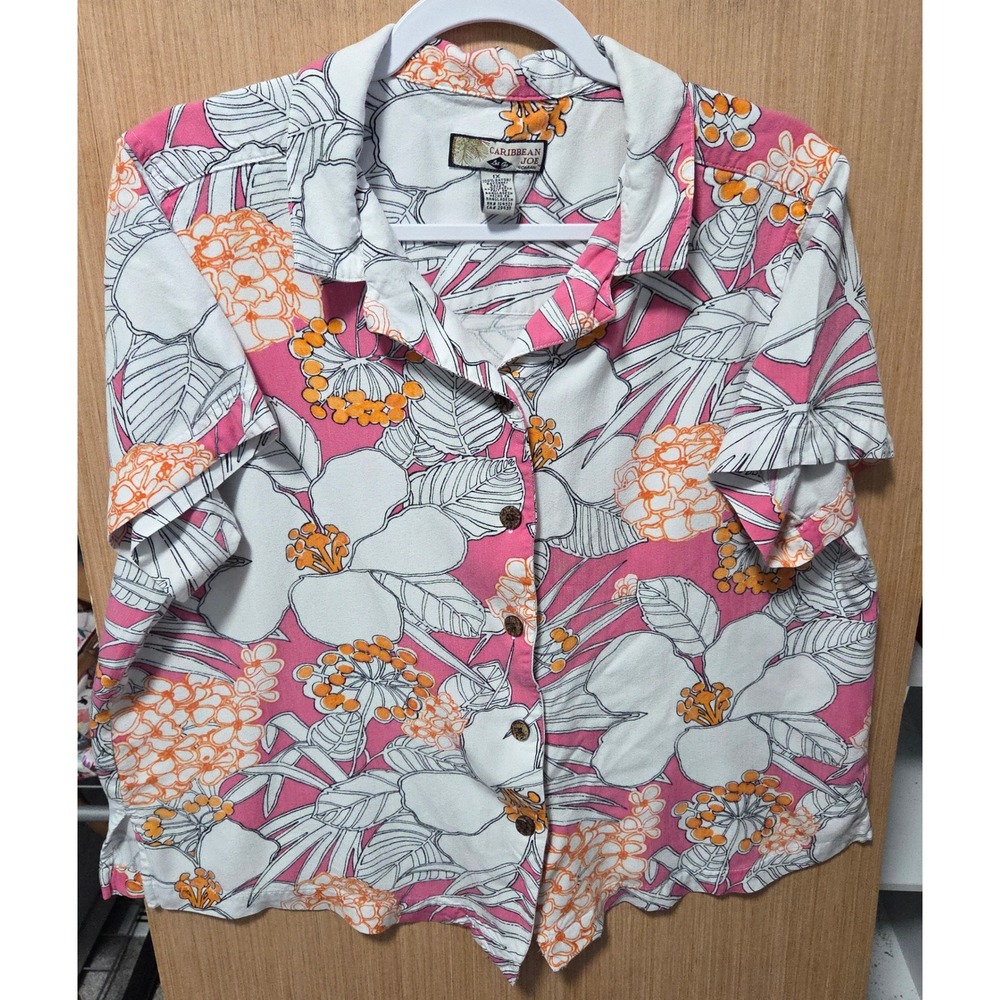 Caribbean Joe Sz 1X‎ Button Up Short Sleeve Tropical Hawaiian Shirt Pink Orange